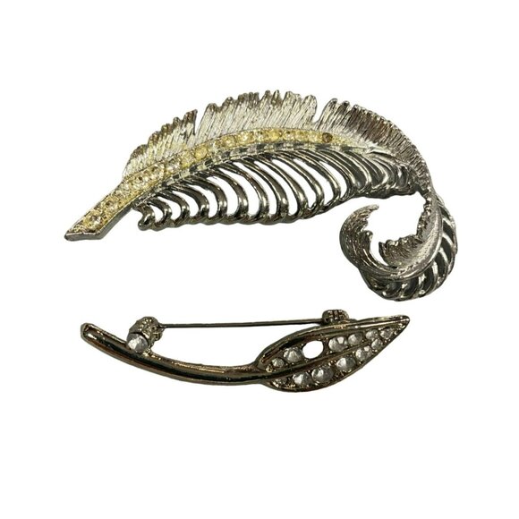 Vintage 80s Silver Tone and Rhinestone Leaf Brooches - Picture 1 of 5